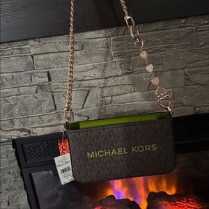 NWT Michael Kors Bryant double zip chain camera Olive and Brown  Crossbody Bag